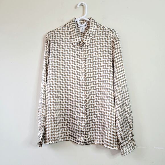 Pendleton Women's Size 18 Vintage Houndstooth Button Down Bronze Brown 100% Silk - Picture 1 of 6